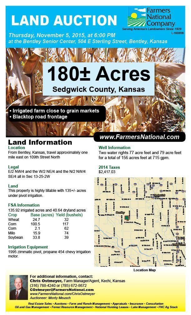 180 Acres, Bentley, KS Land and Farm